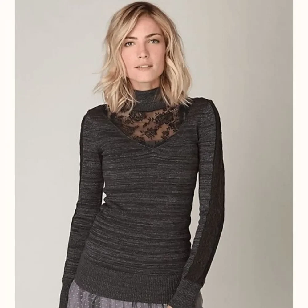 Free‎ People Navy Blue Metallic Lace Inset Turtleneck Sweater Small